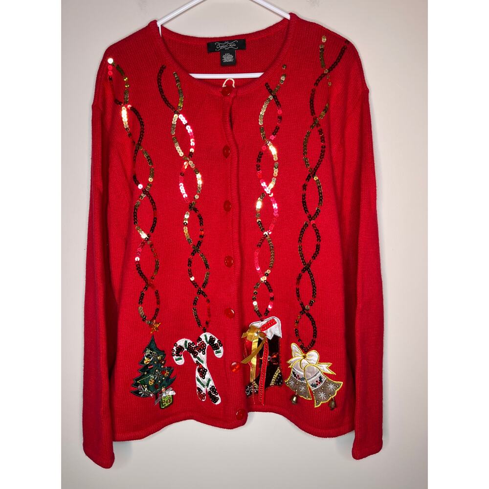 2000s Crystal Kobe Sequins Christmas Bells Candy Cane Ornaments Cardigan XXL